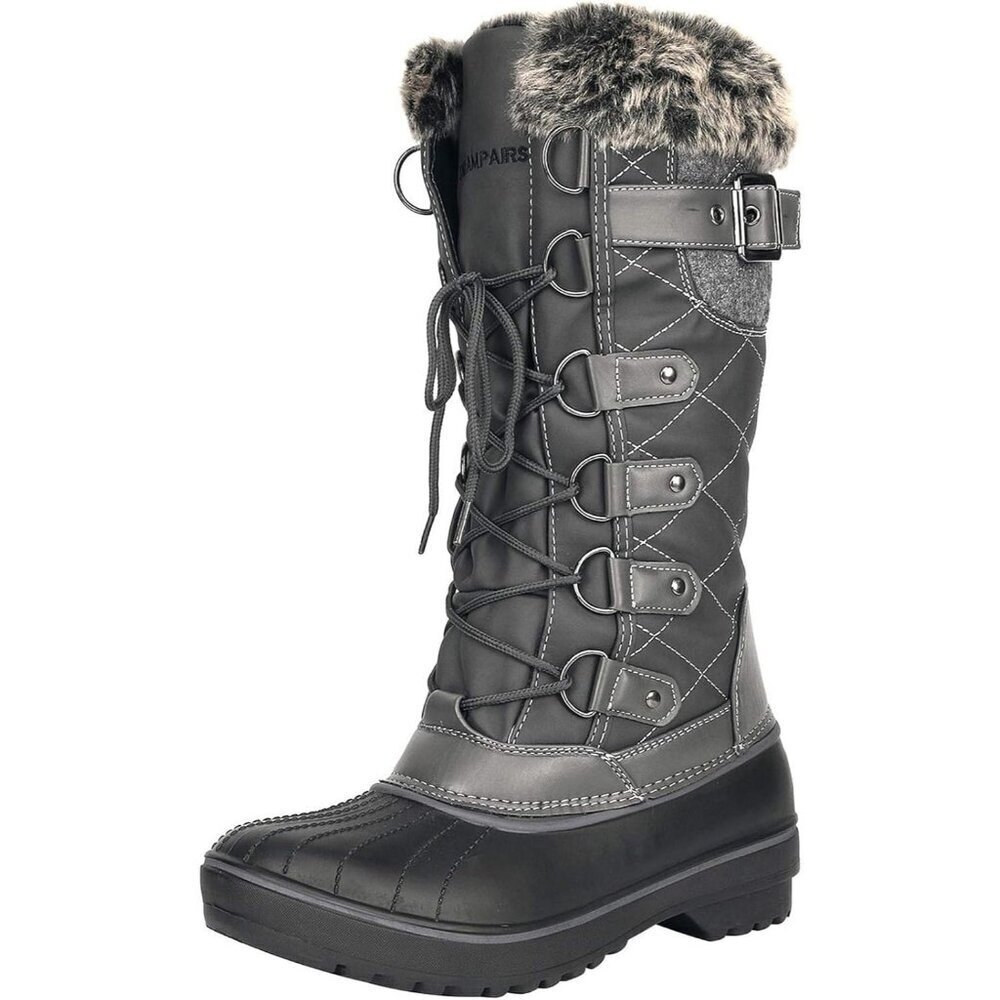 Women's Grey Warm Faux Fur Lined Mid Calf Winter Snow Boots